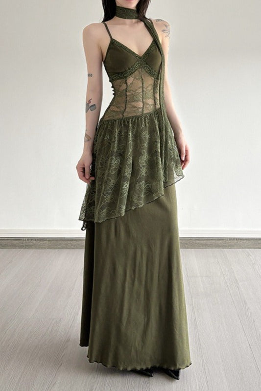 Lace Edition Trim Sheer Waist Tie Cami Maxi Lace Dress