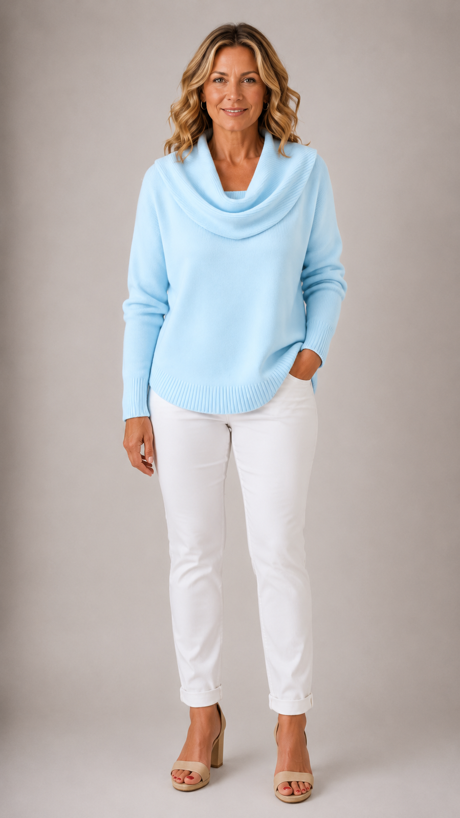 Cowl Neck Long Sleeve Curved Hem Knit Sweater
