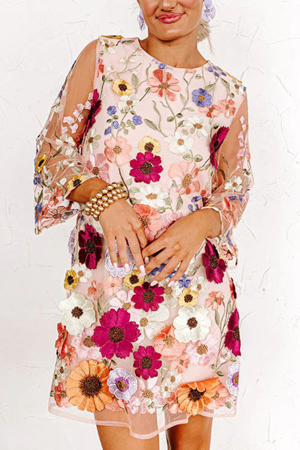 Floral Embroidered Half Sleeve Mini Dress - View 4