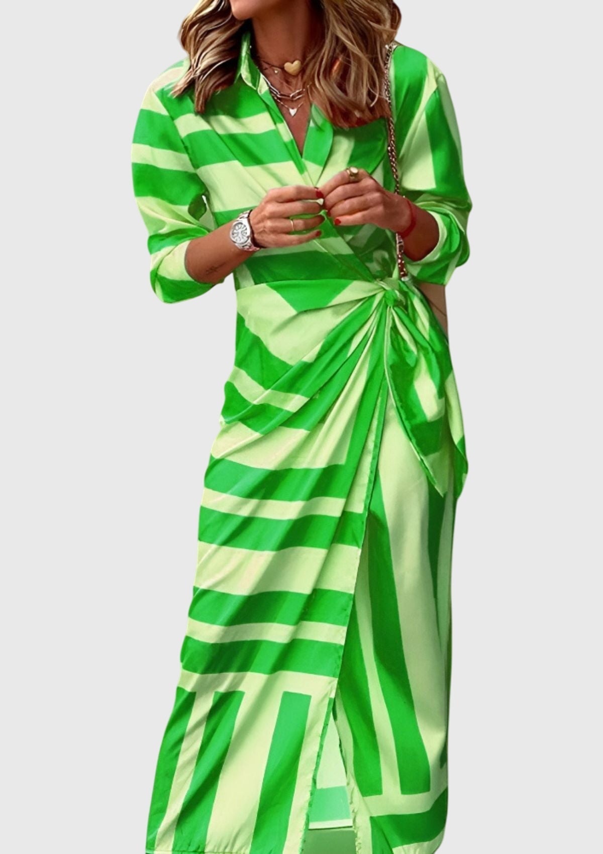 Geometric Print Collared Long Sleeve Wrap Tie Midi Dress 10