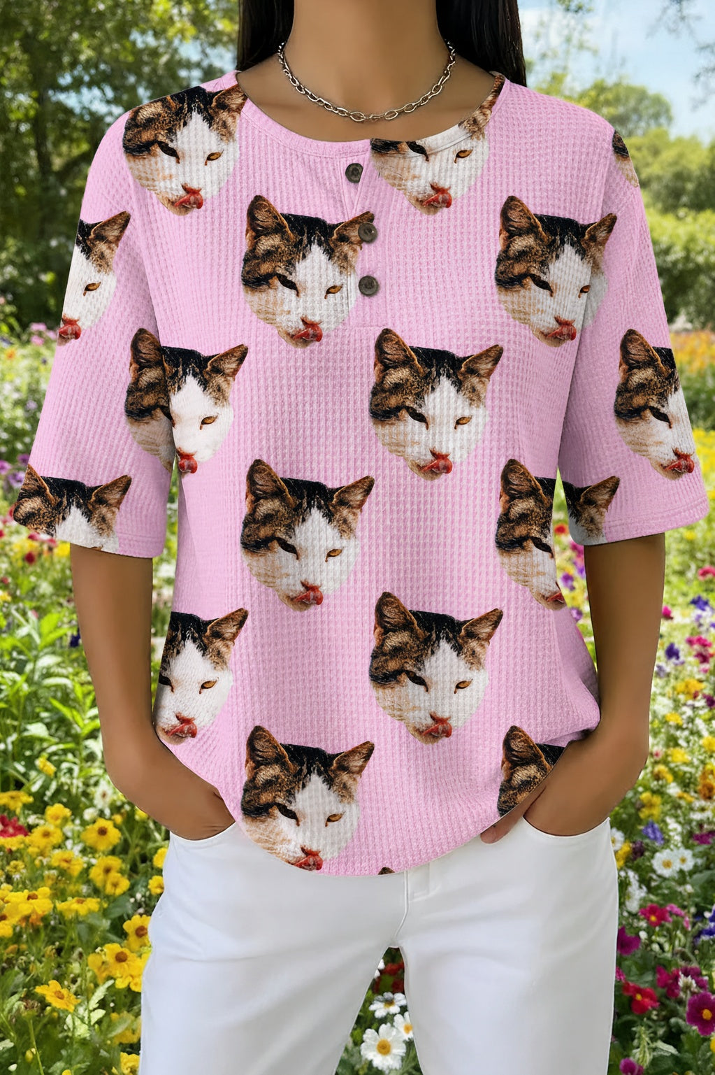 Womens Pink Cat Grid Print Casual Shirt