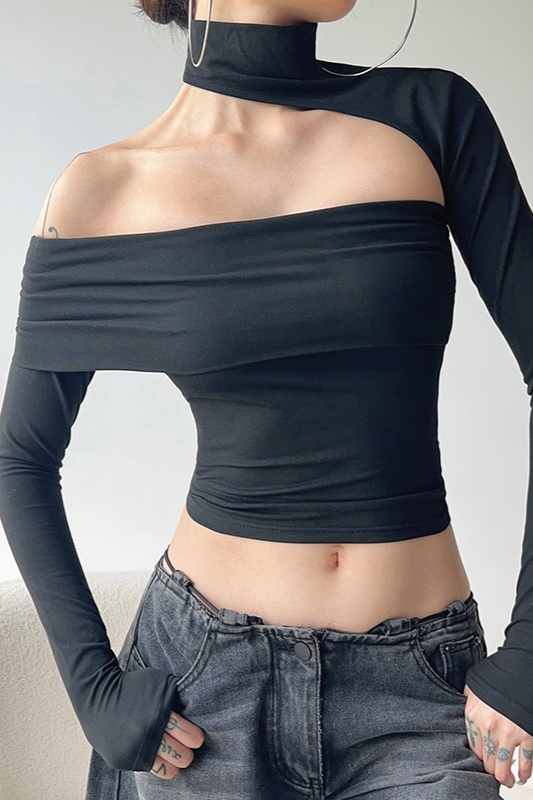 Halter Asymmetrical Off Shoulder Cuffed Crop Top