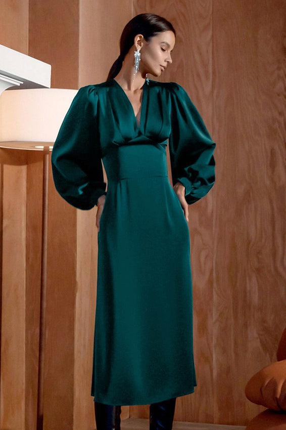 Satin Deep V-Neck Puff Sleeve Ruched Mermaid Midi Dress