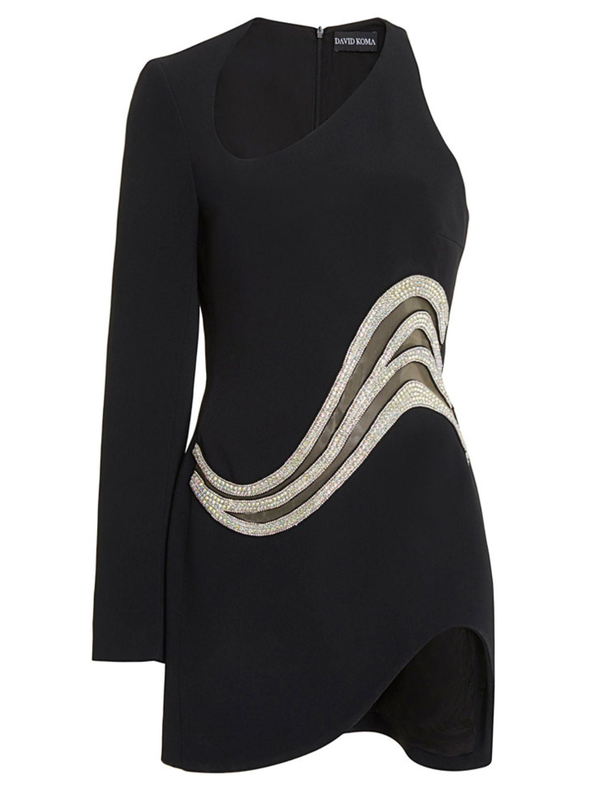 Rhinestone One Shoulder Long Sleeve Waist Cut Out Bandage Mini Dress