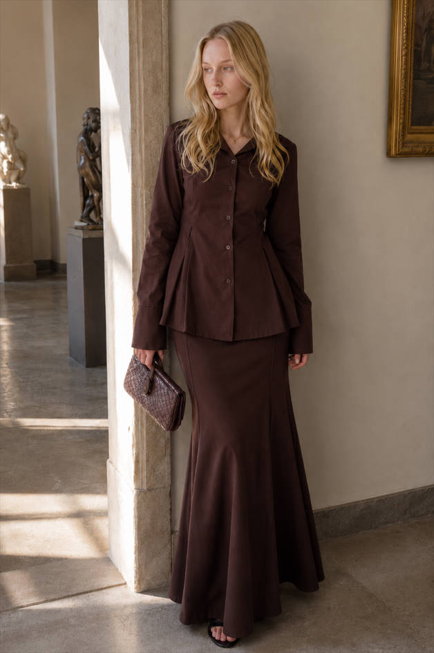 Long Sleeve Button Front Peplum Shirt and Mermaid Maxi Skirt Two Piece Set 5