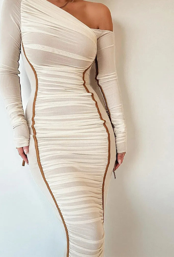 Asymmetric Off Shoulder Long Sleeve Ruched Mesh Contrast Piping Bodycon Maxi Dress