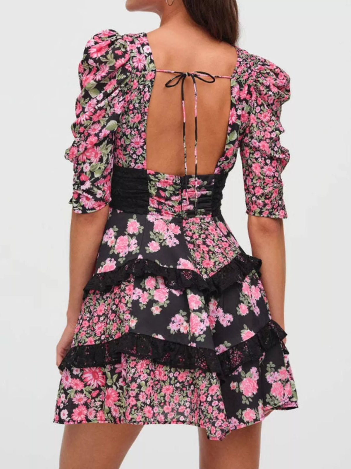 Floral Print Lace Trim Corset Waist Puff Sleeve Tiered Mini Dress 2