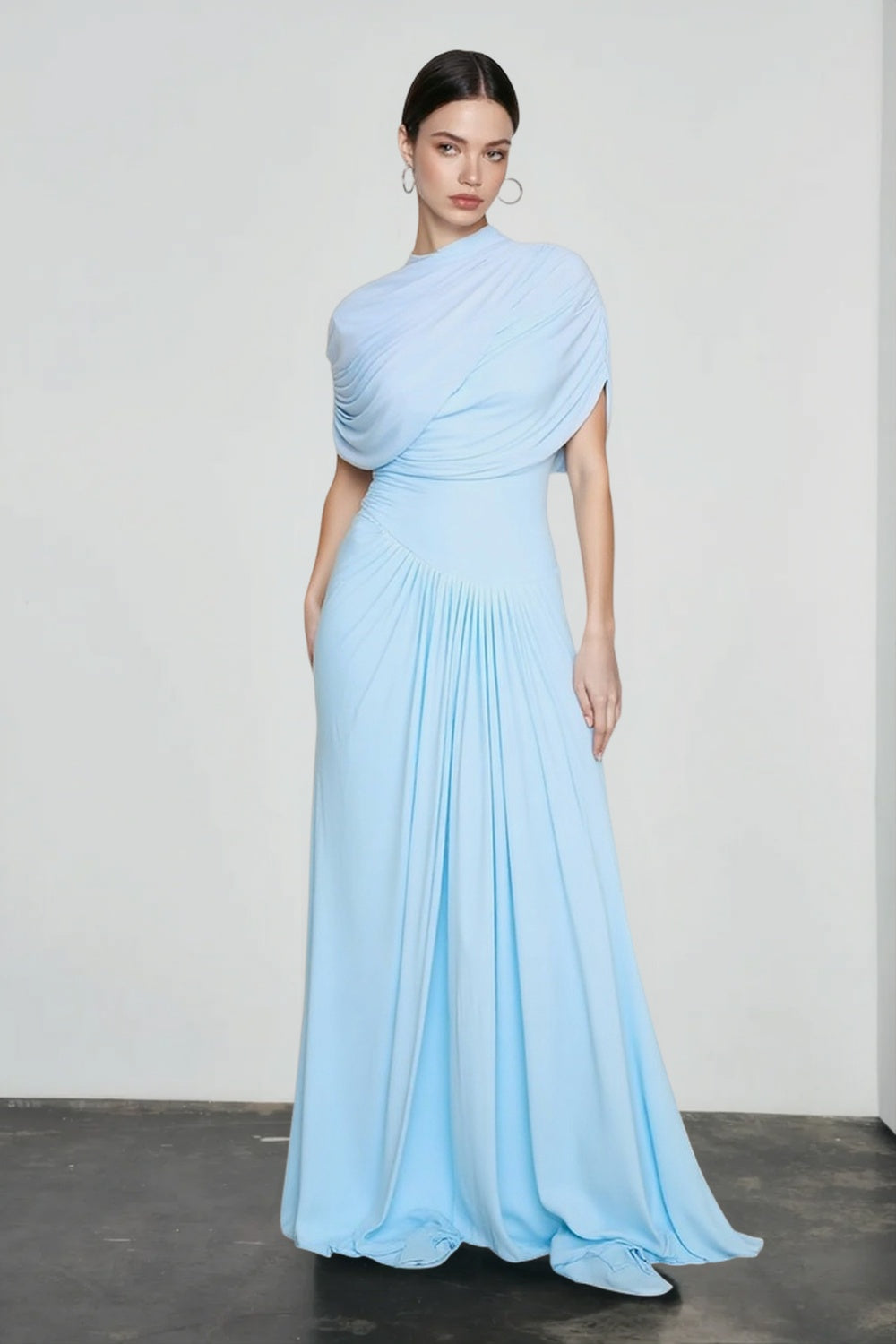 High Neck Draped Short Sleeve Ruched Flowy Maxi Gown