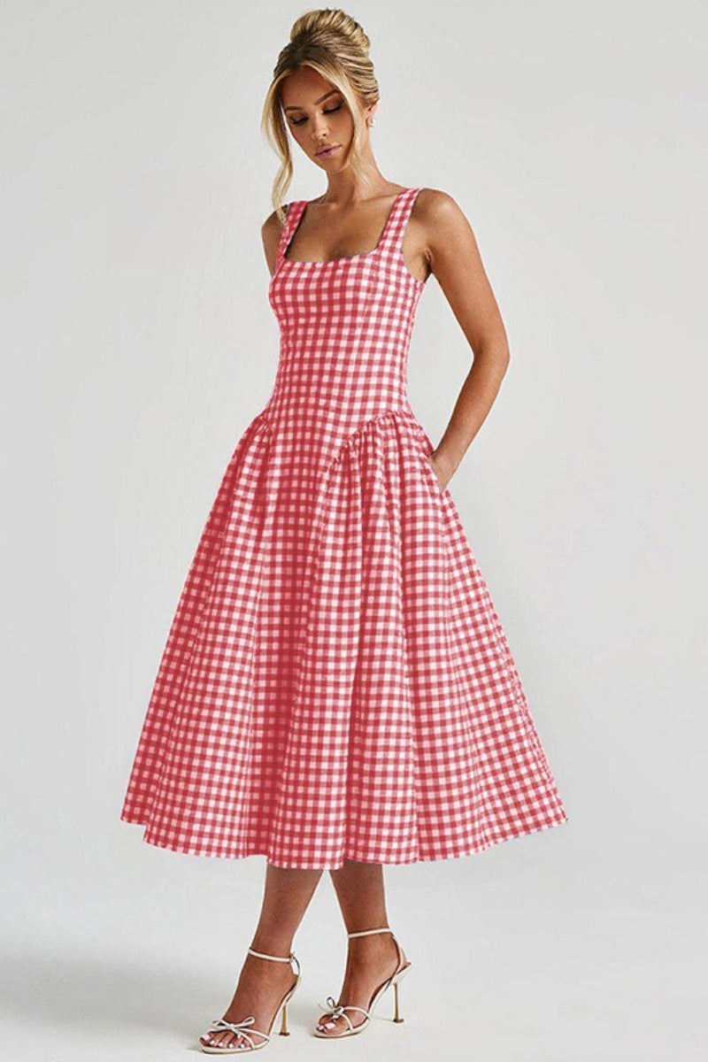 Plaid Square Neck Sleeveless Fit and Flare Midi Dress
