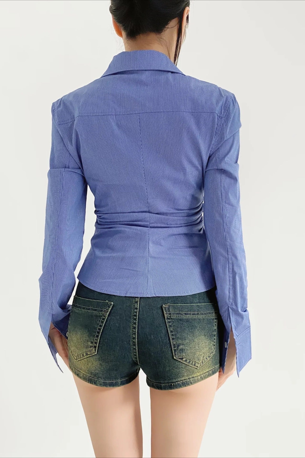 Solid Deep V Neck Ruched Long Sleeve Top