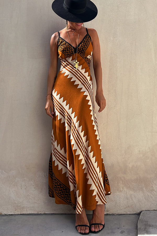 Tribal Stripe Print V-Neck Contrast Trim Cami Satin Maxi Dress