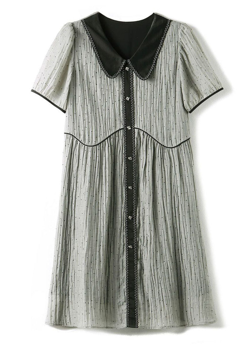 Swiss Dot Peter Pan Collar Puff Sleeve Wavy Piping A-Line Dress