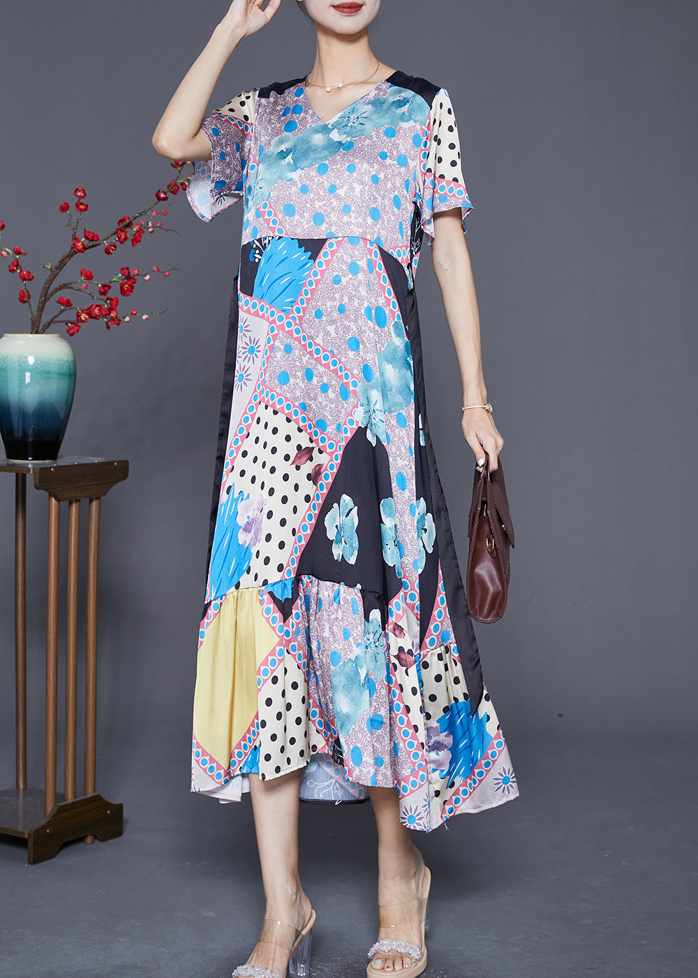 Patchwork Print V-Neck Short Sleeve Tie Ribbon Waist Tiered Ruffle Midi Dress
