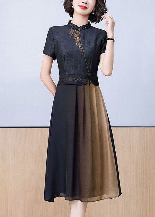 Mandarin Collar Floral Embroidery Asymmetrical Pleated Midi Dress