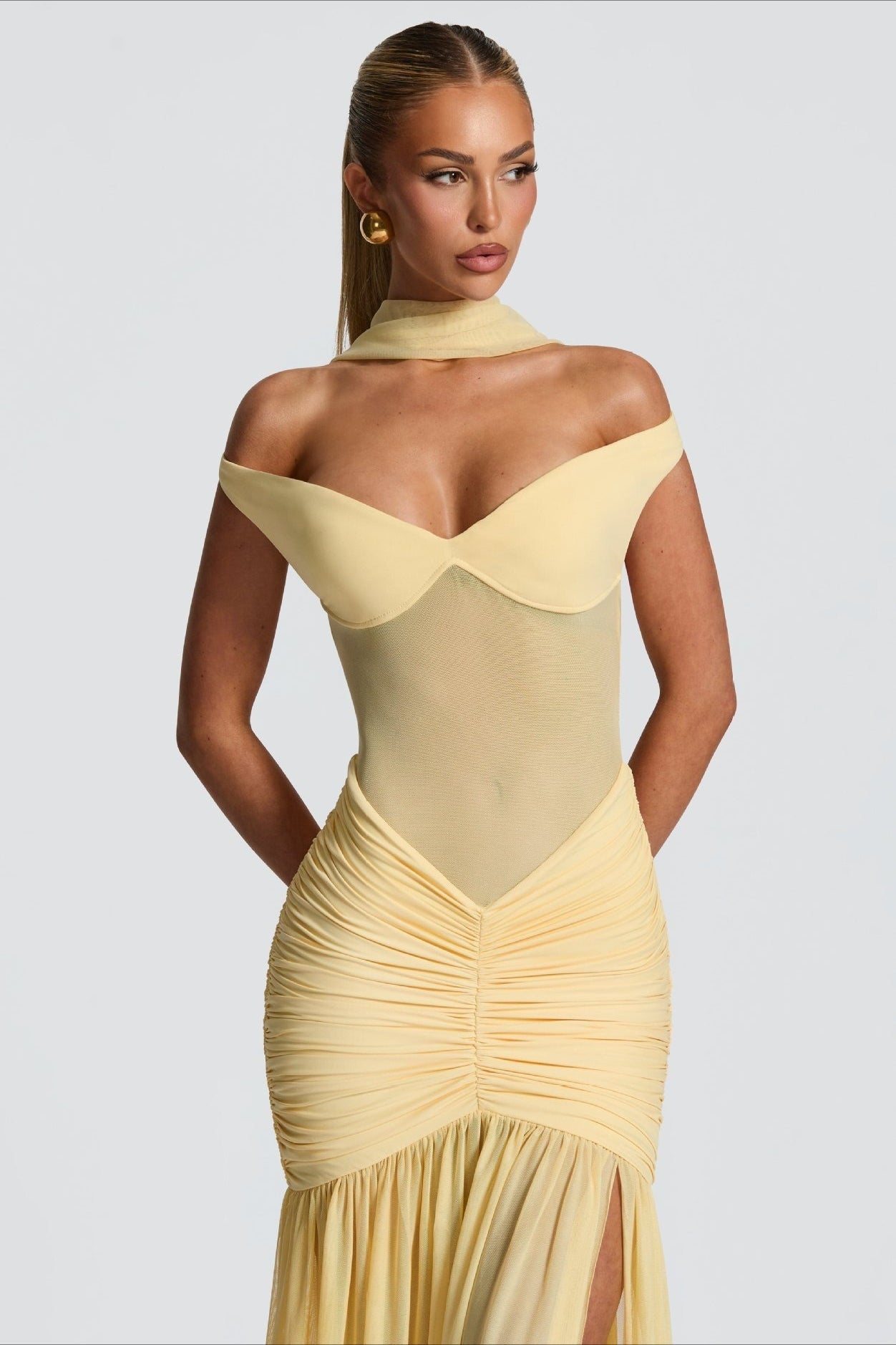 Off Shoulder Ruched Backless Mermaid Maxi Prom Dress