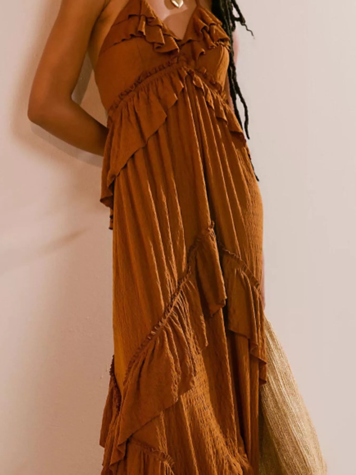 Halter Neck Deep V-Neck Ruffle Tiered Backless Maxi Dress 2