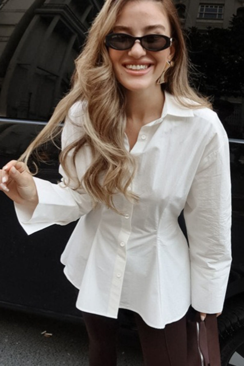Collared Wide Cuff Darted Waist Longline Button Front Shirt 4