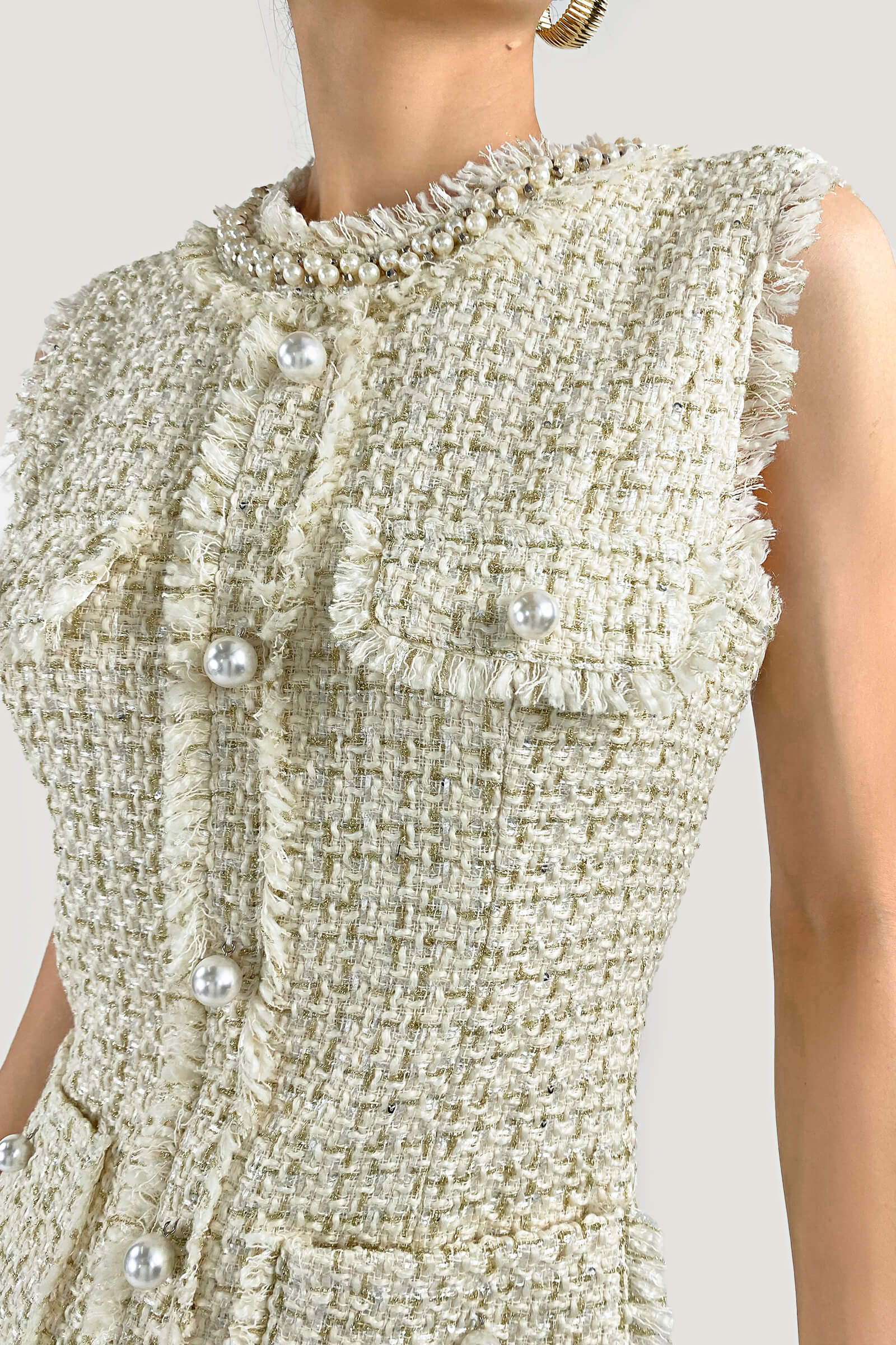 Pearl Collar Raw Fringe Trim Tweed Sleeveless Mini Dress