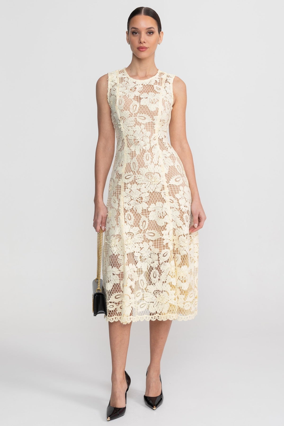 Floral Lace Crew Neck Sleeveless A-Line Midi Dress