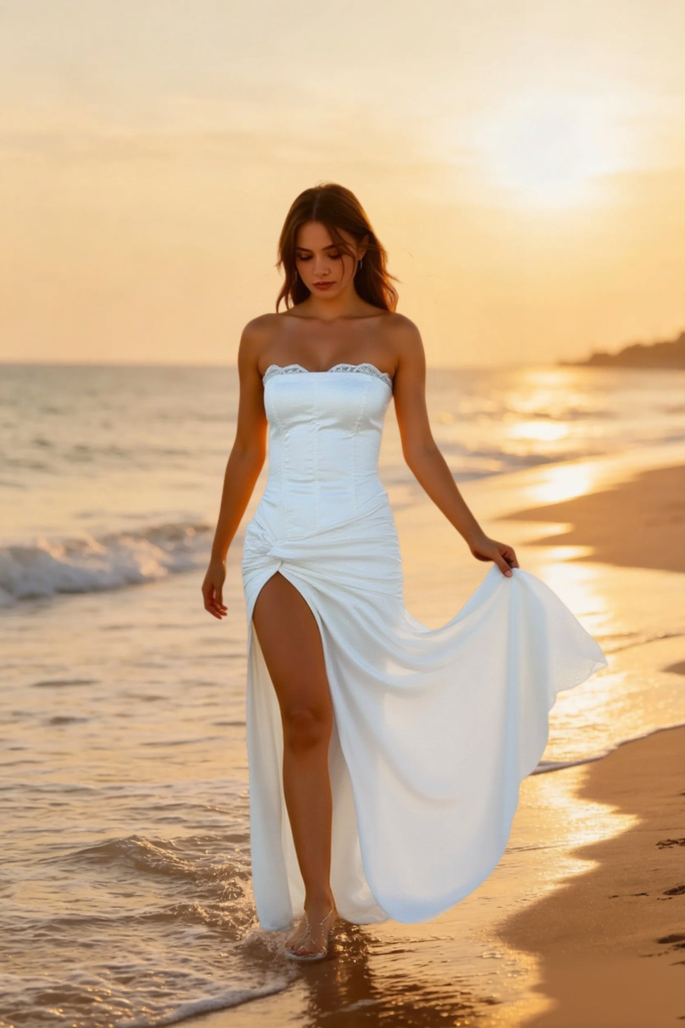 Satin Kink Detail Slit Maxi Dress