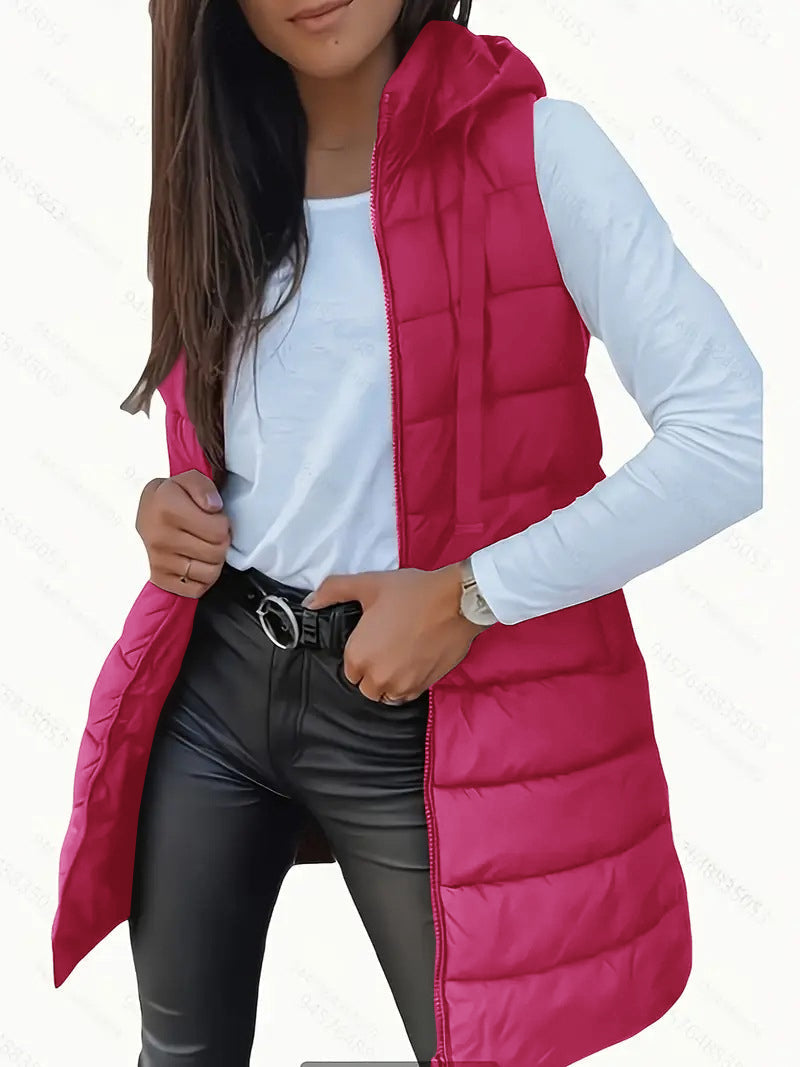 Hooded Zip Front Longline Puffer Vest