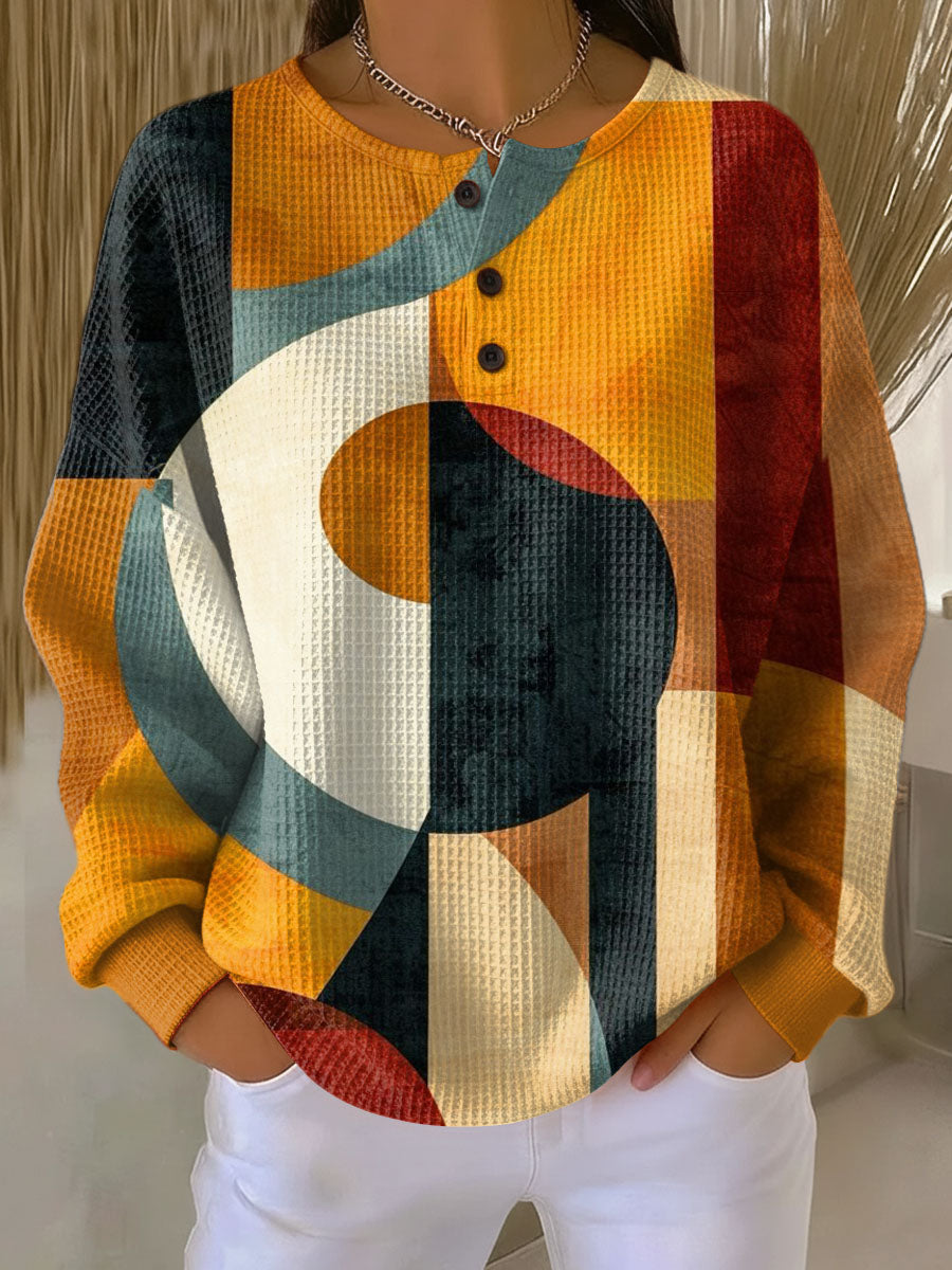 Geometric Print Waffle Knit Button Henley Sweatshirt