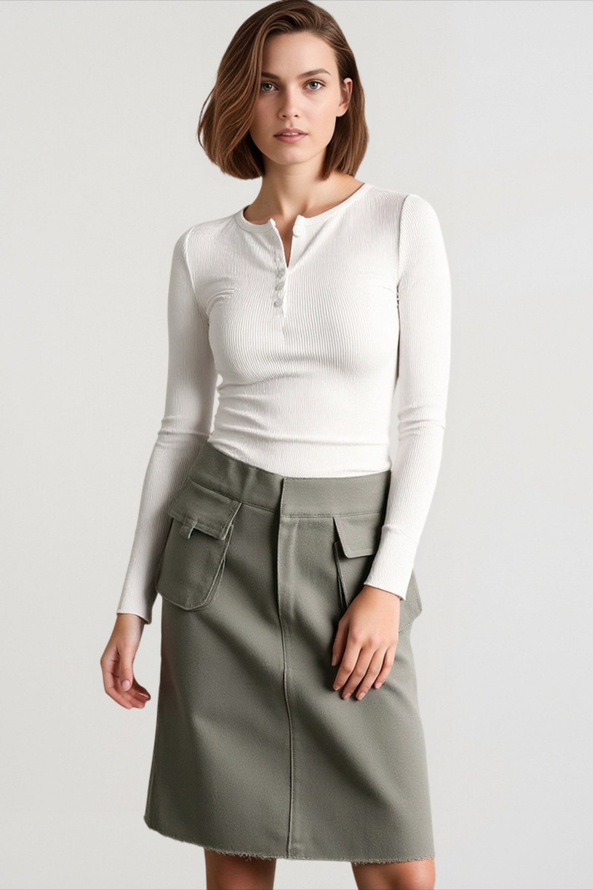 Ribbed Knit Long Sleeve Button Henley Neck Slim Fit Top