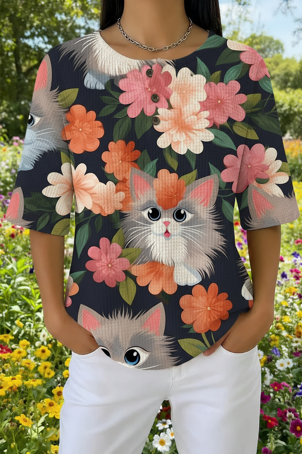 Womens Black Floral Multi-Cat Print Casual Shirt