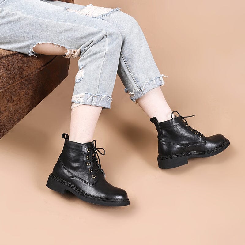 Retro Boots Brush-Off Leather Round Toe Low Heel Bottine Flat Ankle Boots Black/Coffee