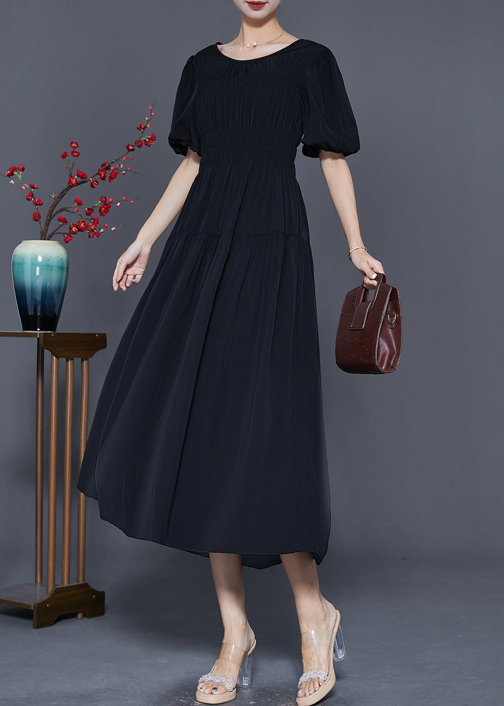 Smocked Bodice Scoop Neck Puff Sleeve Tiered A-Line Maxi Dress
