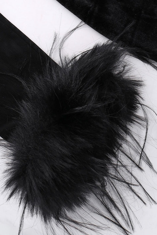 Velvet Corset Sweetheart Bodice Mesh Yoke Feather Cuff Long Sleeve Bodycon Dress