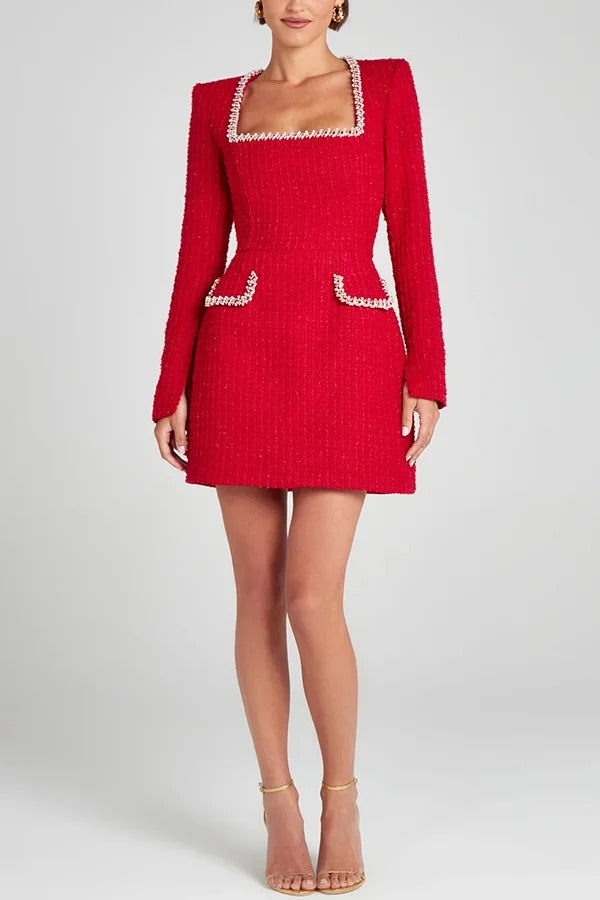 Tweed Square Neck Pearl Trim Long Sleeve Pocket Mini Dress