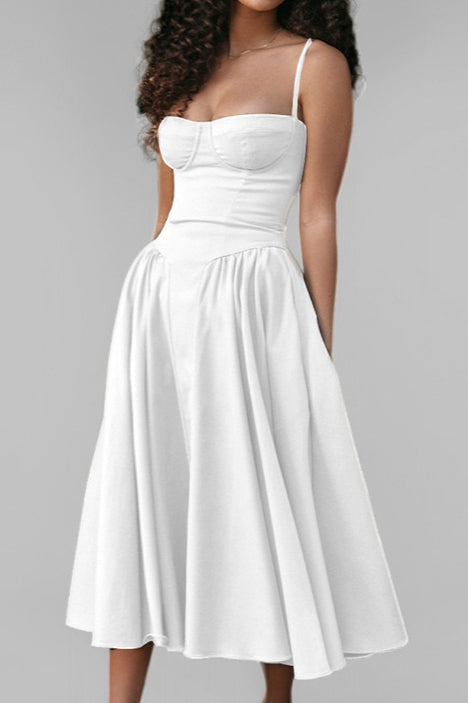 Satin Sweetheart Wide Strap Fit and Flare Midi Dress