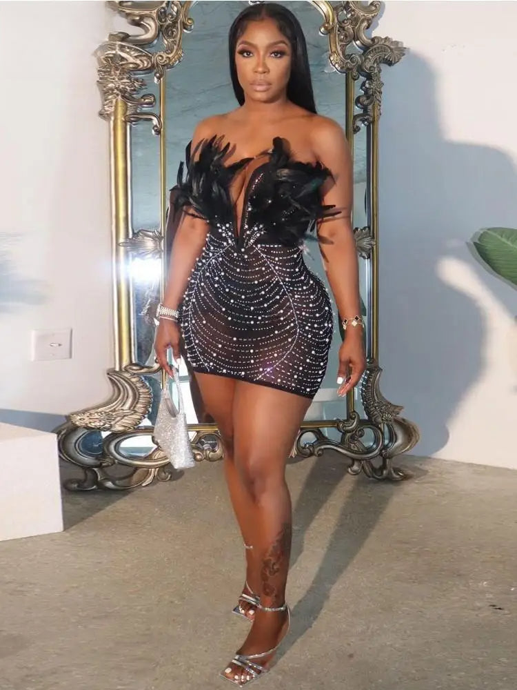 Feather Trim Strapless Plunge Rhinestone Sheer Mesh Bodycon Mini Dress