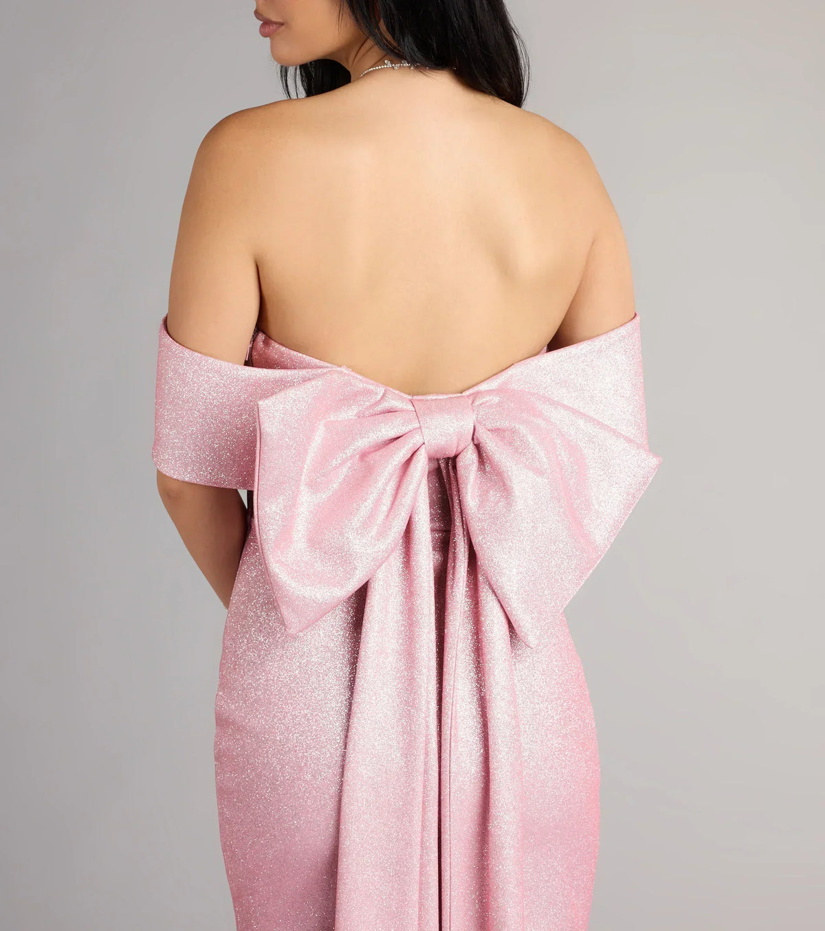 Shimmer Off Shoulder Oversized Back Bow Train Bodycon Mini Dress 7