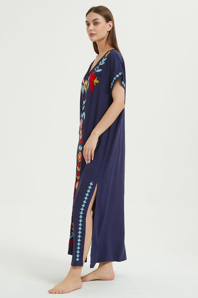 Embroidered V-Neck Short Sleeve Kaftan Maxi Dress 10