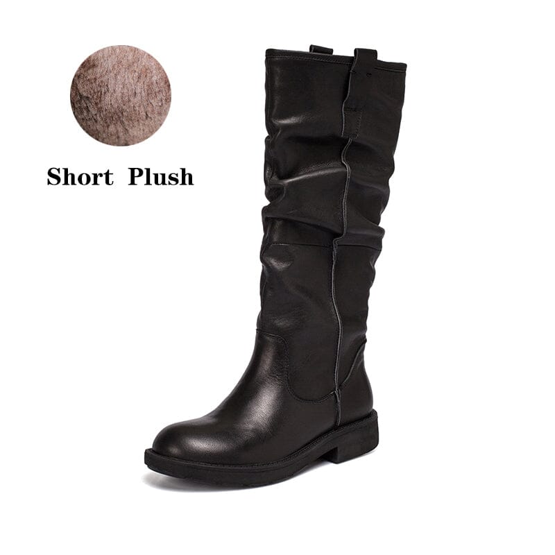 Waxing��Leather Knee High Boots Fold Design Riding Boots Buckle Boots in Black/Brown