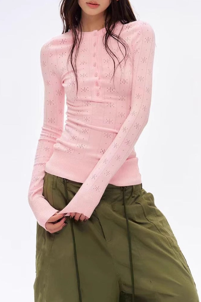 Retro Open Knit Henley Long Sleeve Top