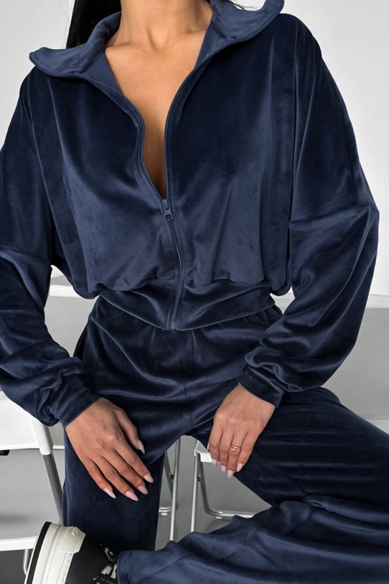 Velour Collared Zip Front Jacket and Wide Leg Pants Two Piece Set 2