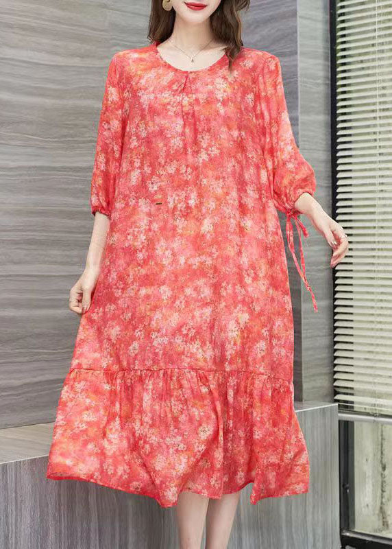 Floral Print Round Neck Tie Cuff Three Quarter Sleeve Tiered Ruffle Midi Dress