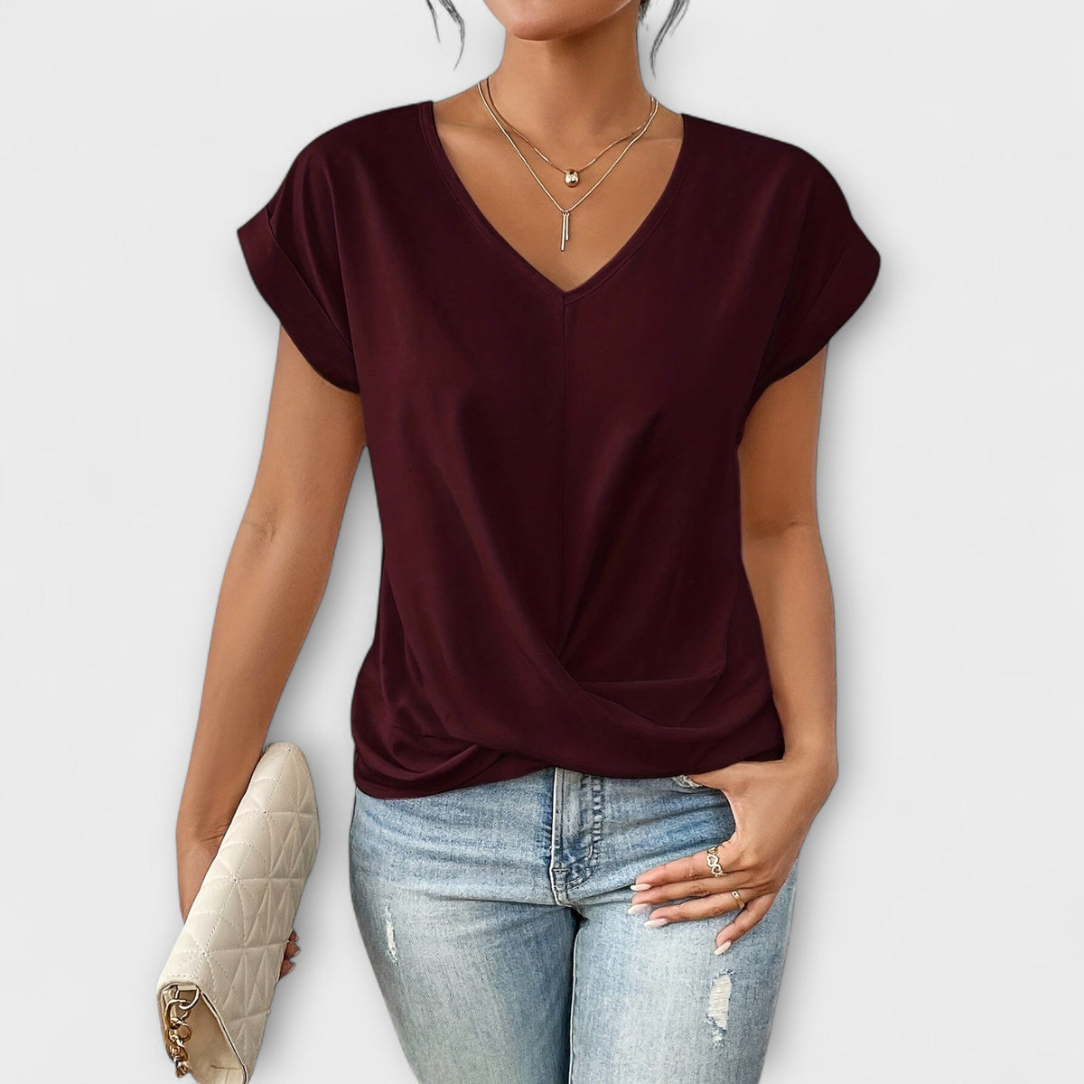 V-Neck Cap Sleeve Twist Front Top