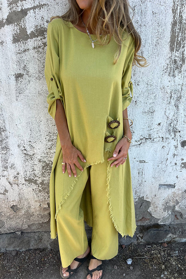 Ring Detail Button Tab Sleeve Asymmetrical Frayed Hem Tunic Wide Leg Two Piece Set