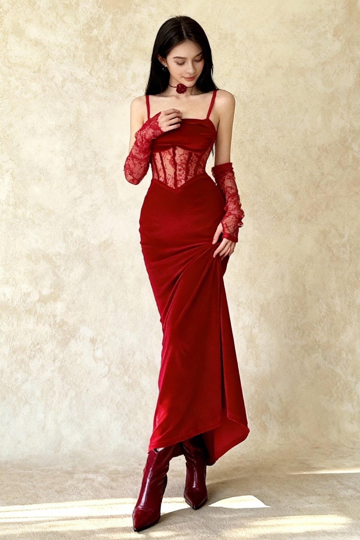 Velvet Lace Maxi Dress in Red - View 3