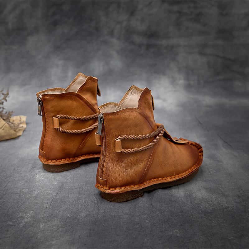 National Style Leather Short Boots For Women Rope Decoration Green/Brown