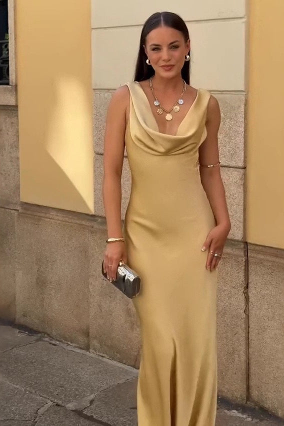 Draped Neck Backless Waist Cinch Formal Dress - View 2