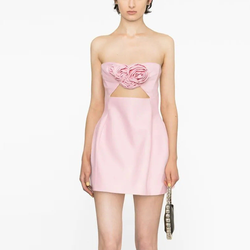 Strapless Rosette Cut Out Bust A-Line Mini Dress 10