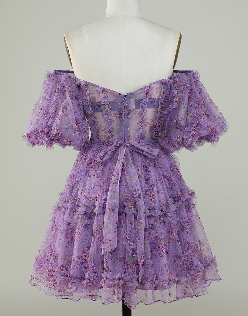 Pretty Cute Puff Sleeves A-Line Short Homecoming Party Dress