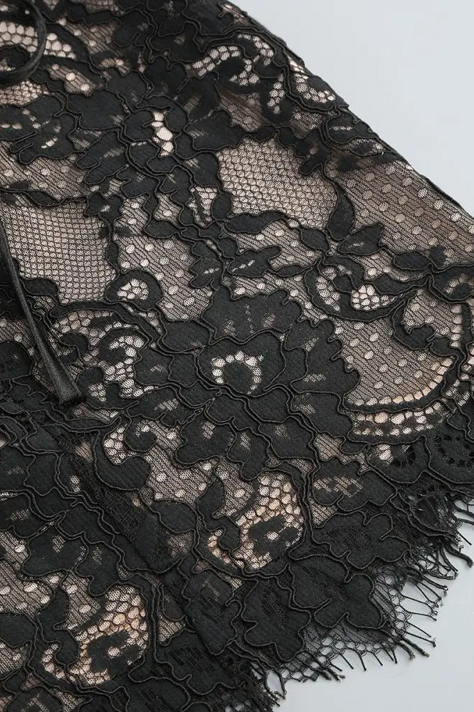 Strapless Corset Lace Eyelash Trim Asymmetrical Drape Mini Dress