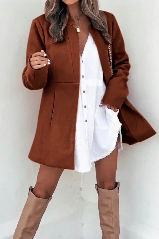 Collarless Open Front Long Sleeve Seamed Mid Length Coat