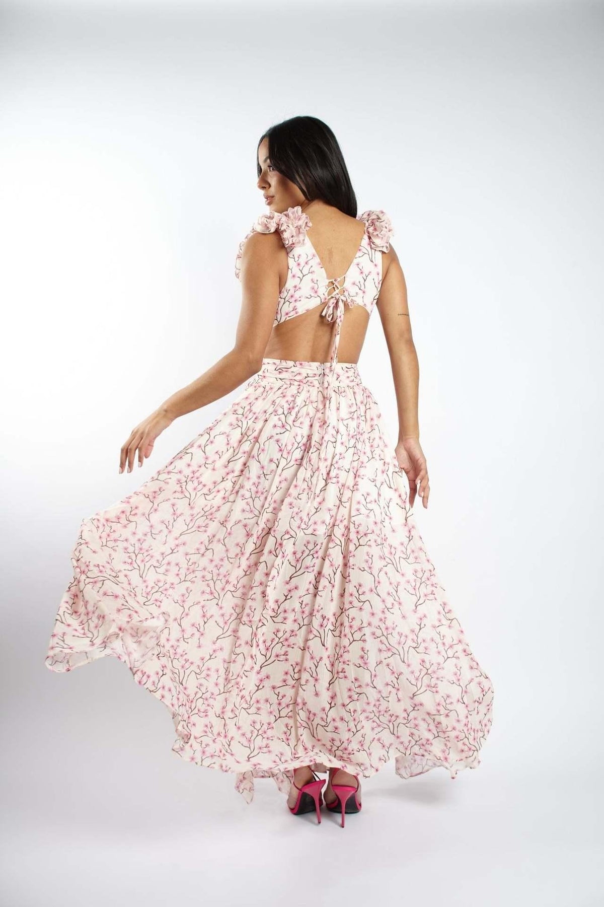 Floral Print Deep V-Neck Ruffle Shoulder Cut Out Midi Dress 5